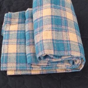 2 yds 60" wide tartan plaid wool fabric. Teal & tan base with purple stripe
